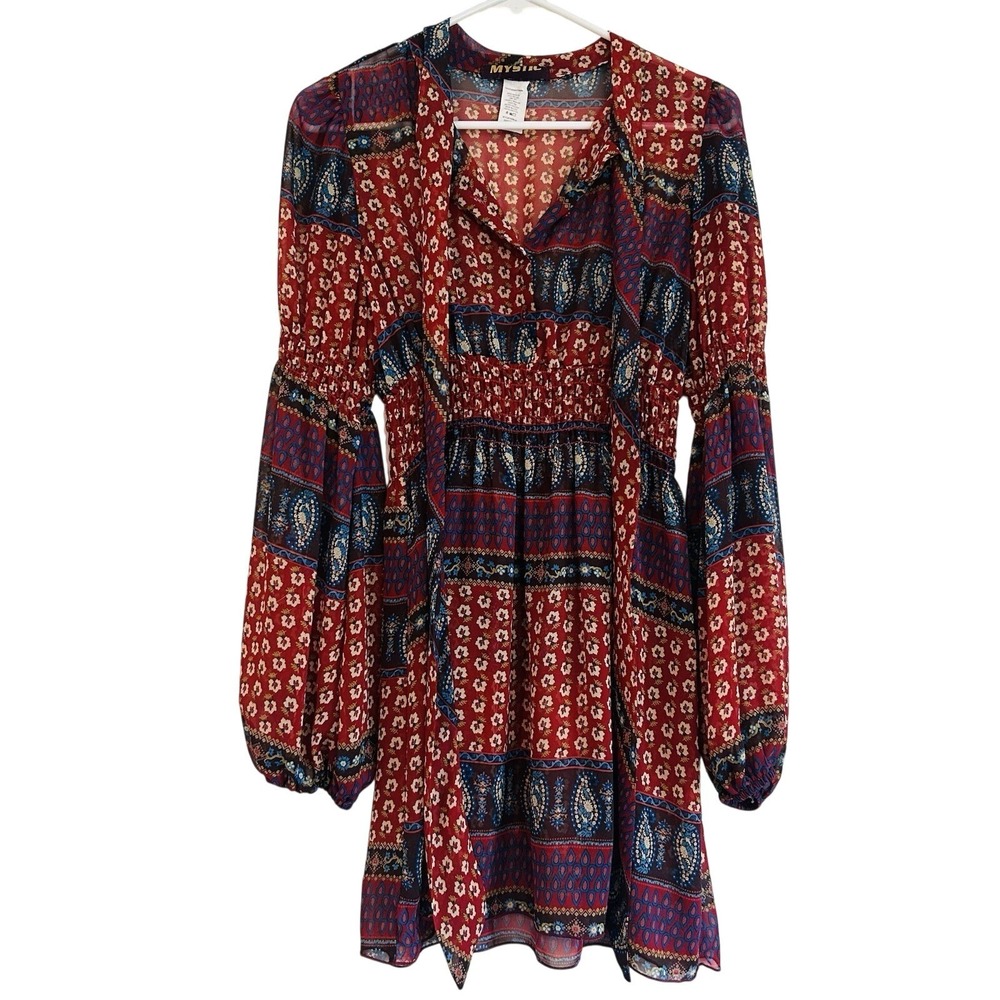 Vtg Made in USA Dress Sz M Whimsigoth Paisley Red Sheer Puff Balloon Sleeve Boho